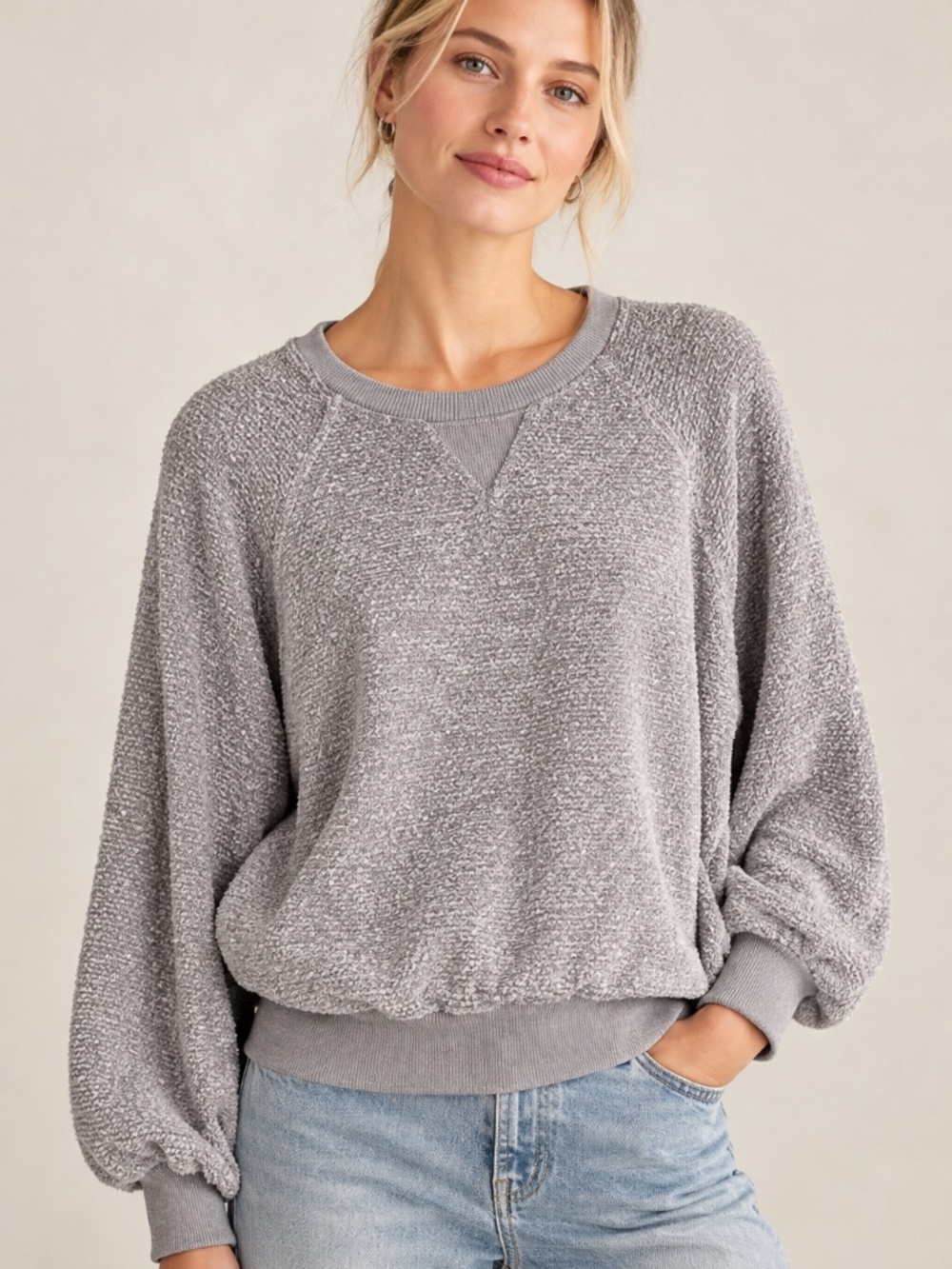 Democracy Gray Textured Crewnevk Sweatshirt Style Pullover Top Sz M
